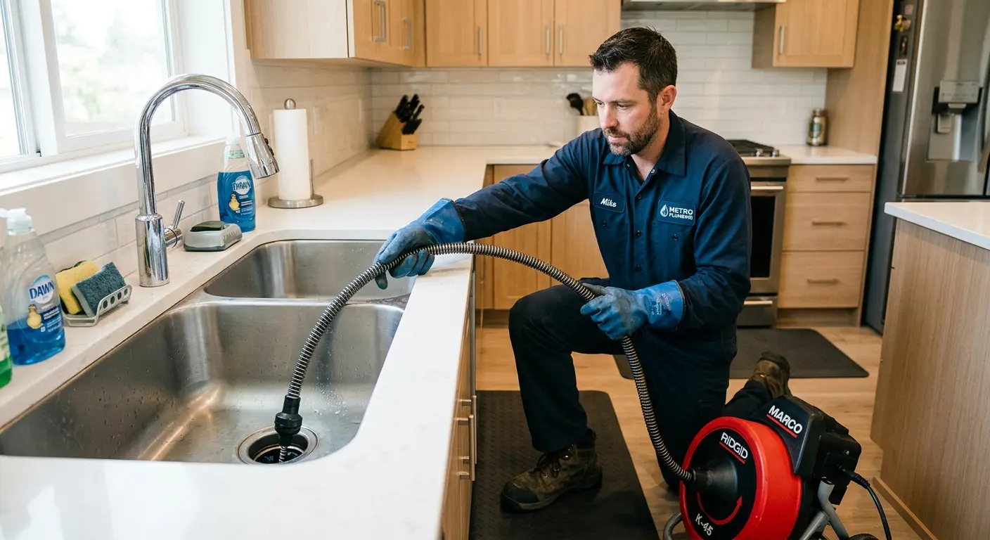 Drain cleaning technician using a motorized snake on a kitchen sink in Glenwood Springs