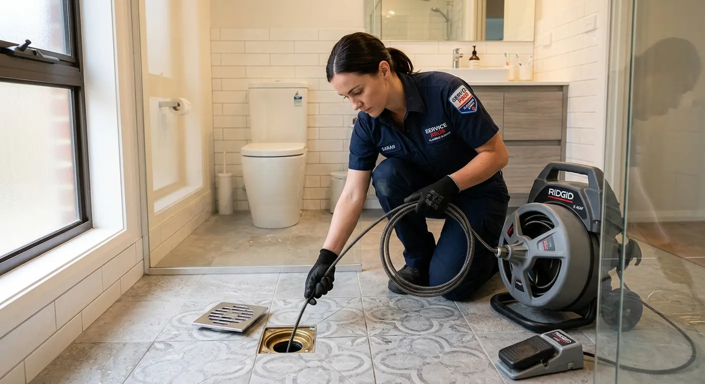 Technician clearing a bathroom floor drain for Hydro Jetting in Glenwood Springs